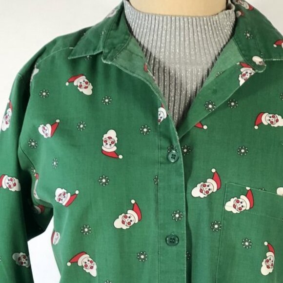 Vintage '90s Womens Christmas Button-Up Shirt Green Santa Print Slim Fit Size 8 - Picture 3 of 7
